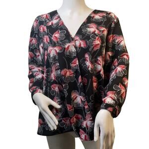 Alfani Womens Size 12 Blouse Top L/S Wrap Black with Red & White Floral EUC